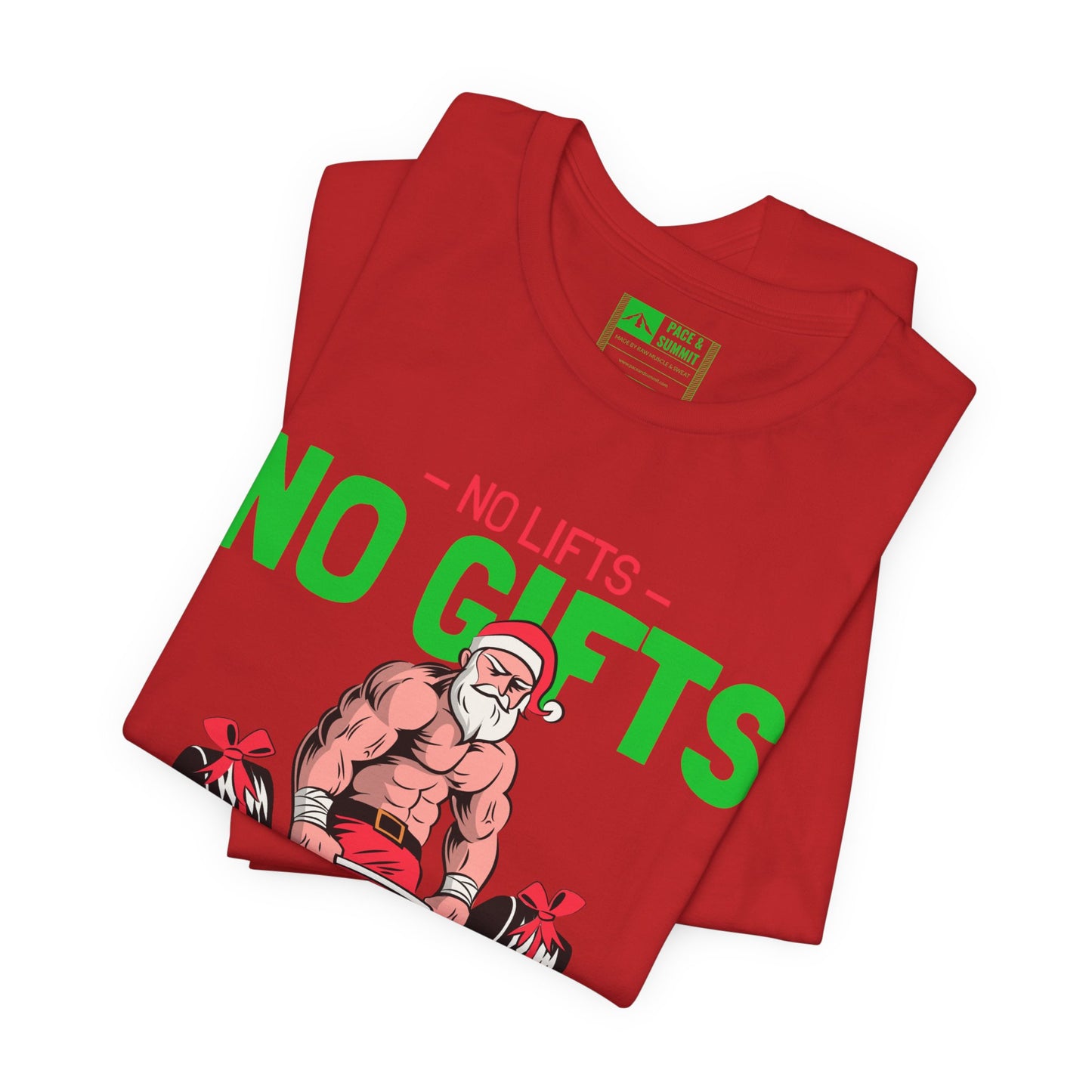 Red | 'No Lifts No Gifts' Funny Muscle Santa Christmas Gym Tee