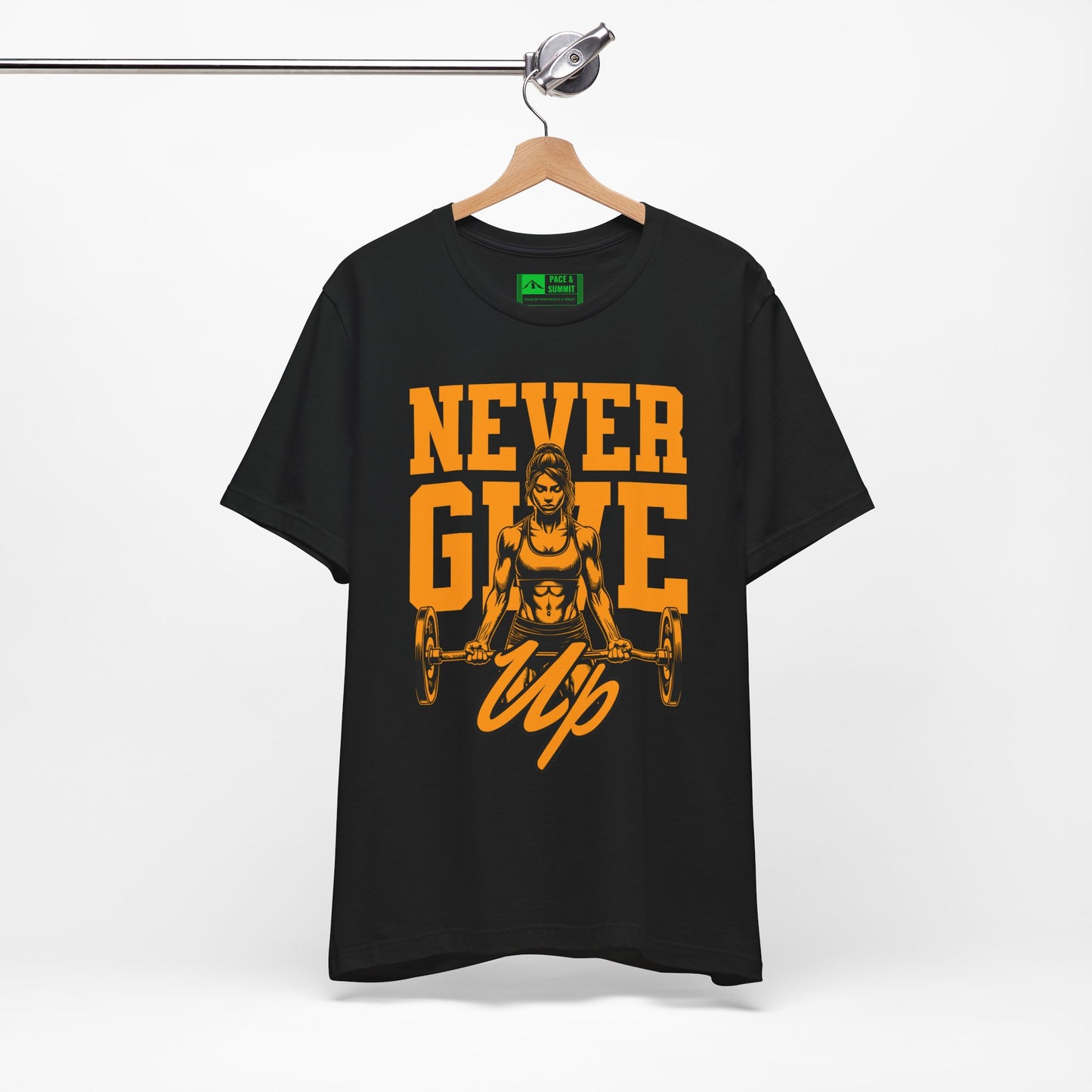 Black | 'Never Give Up' Motivational Weightlifting Graphic Tee