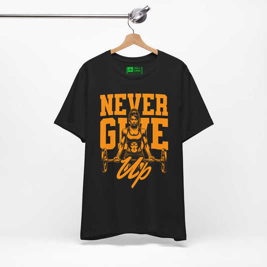 Black | 'Never Give Up' Motivational Weightlifting Graphic Tee