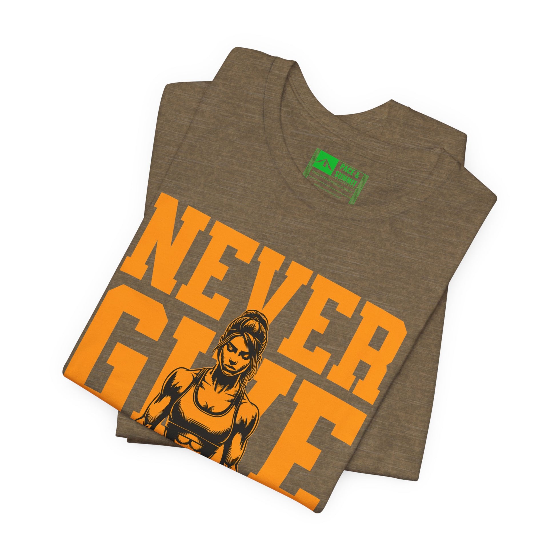 Military Green | 'Never Give Up' Motivational Weightlifting Graphic Tee