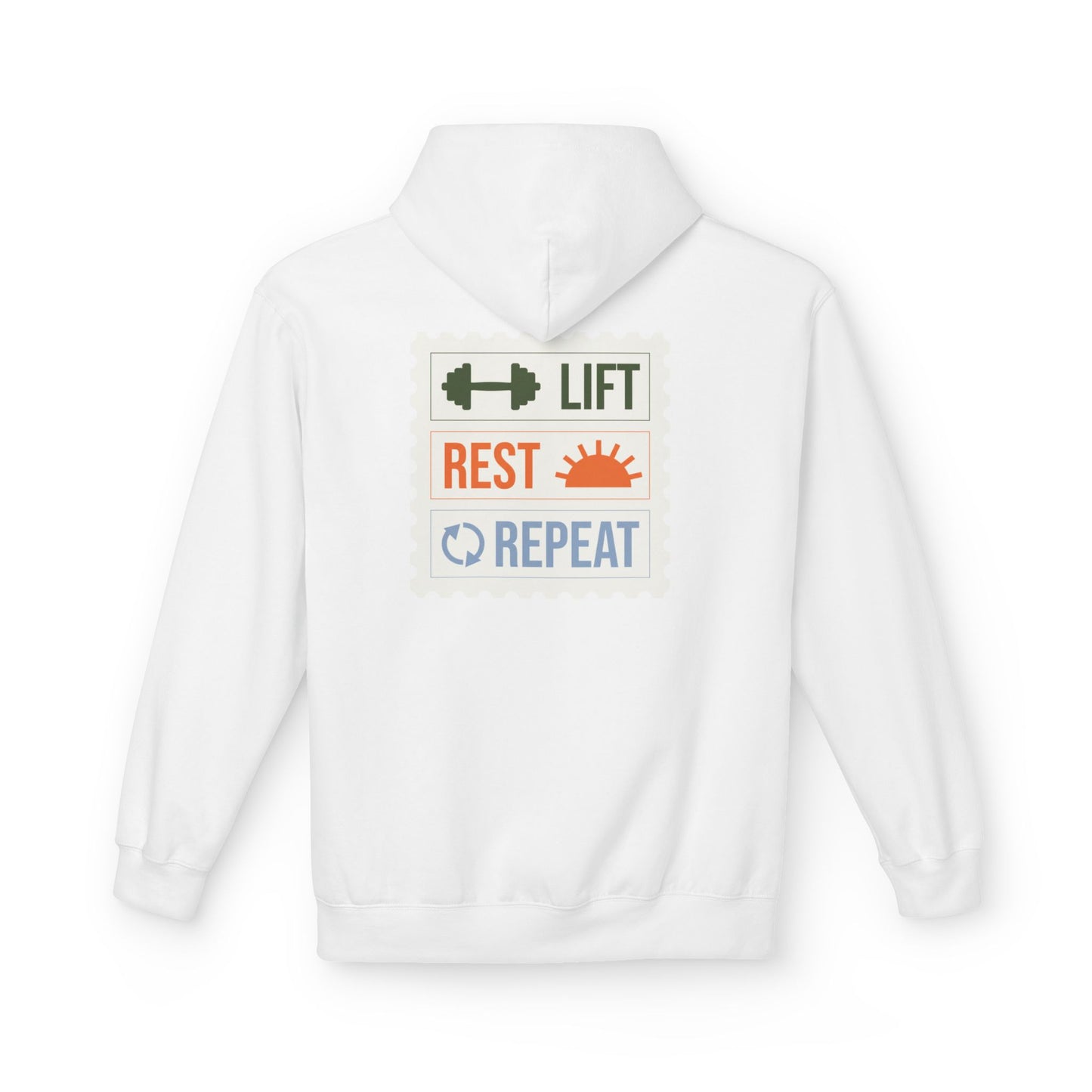 White hoodie with motivational text graphics on a white background