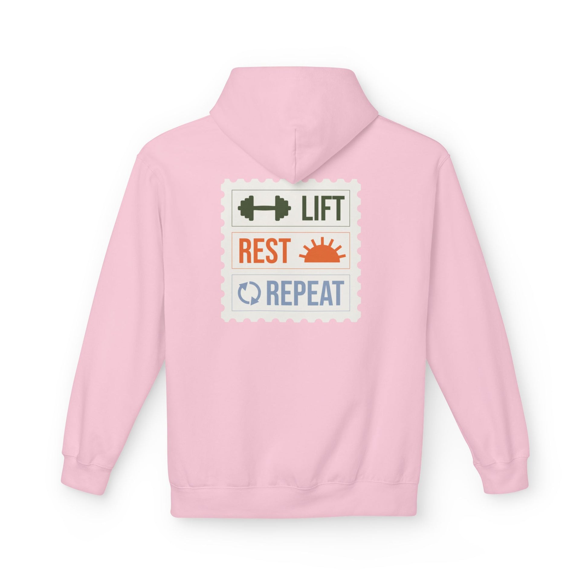 Light Pink hoodie with motivational text on the back against a white background