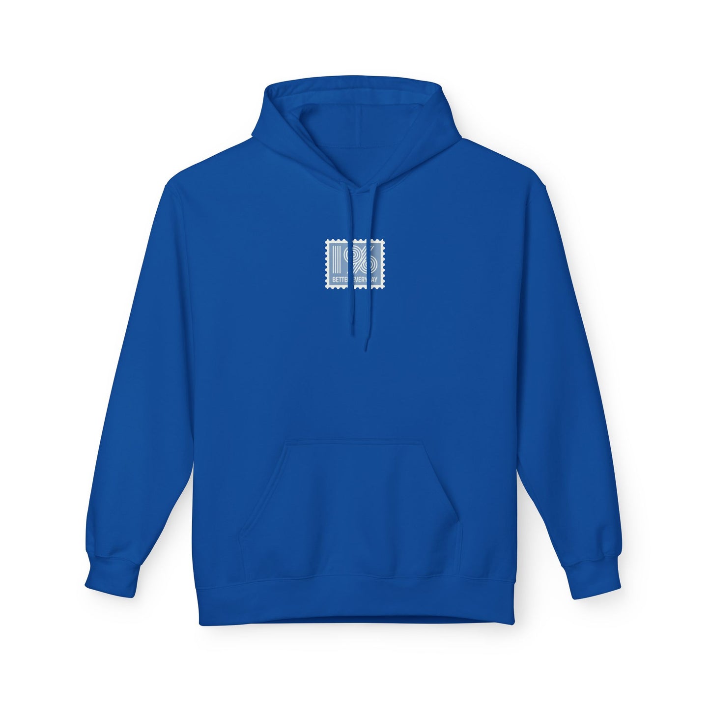 Royal hoodie with a small white logo on the chest against a white background