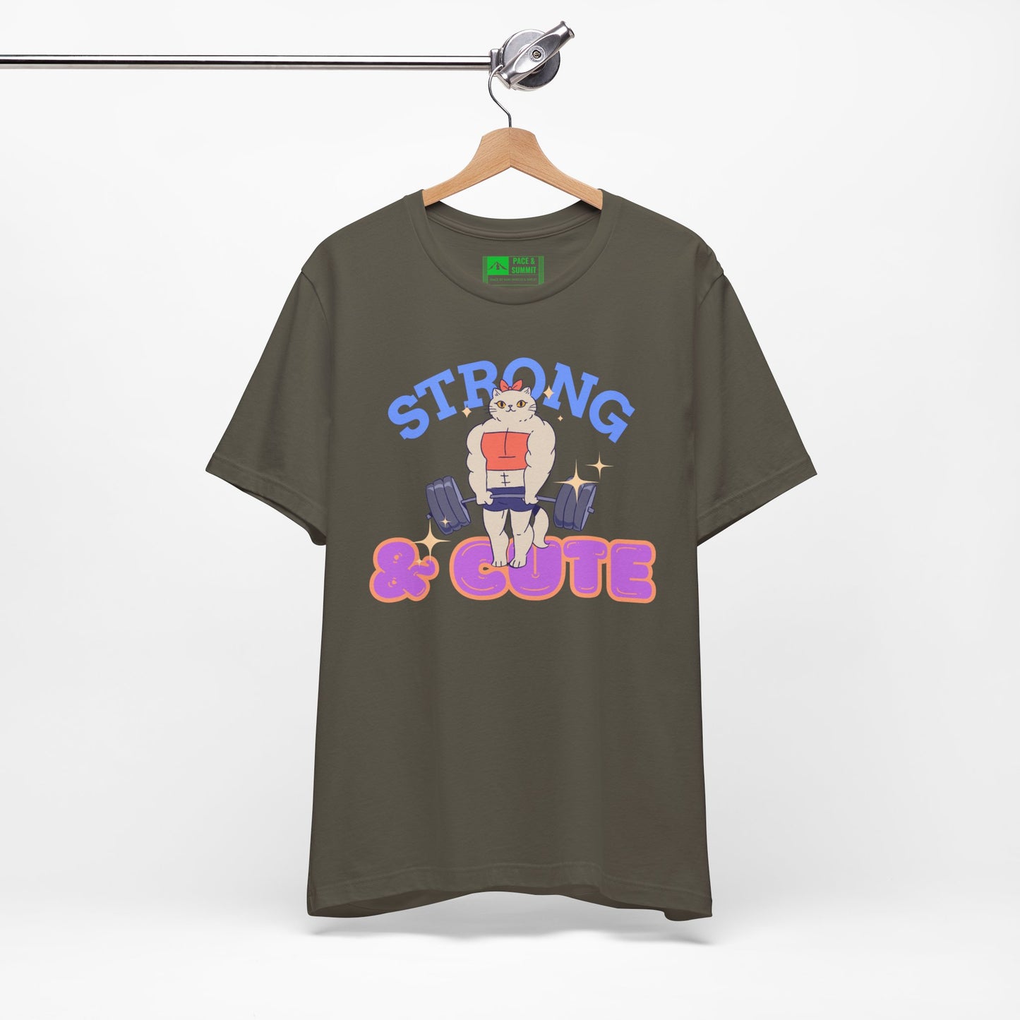 Military Green | 'Strong & Cute' Weightlifting Graphic Gym T-Shirt