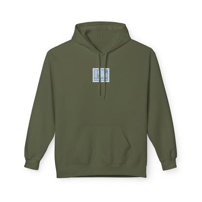 Military Green hoodie with a small logo on the chest against a white background