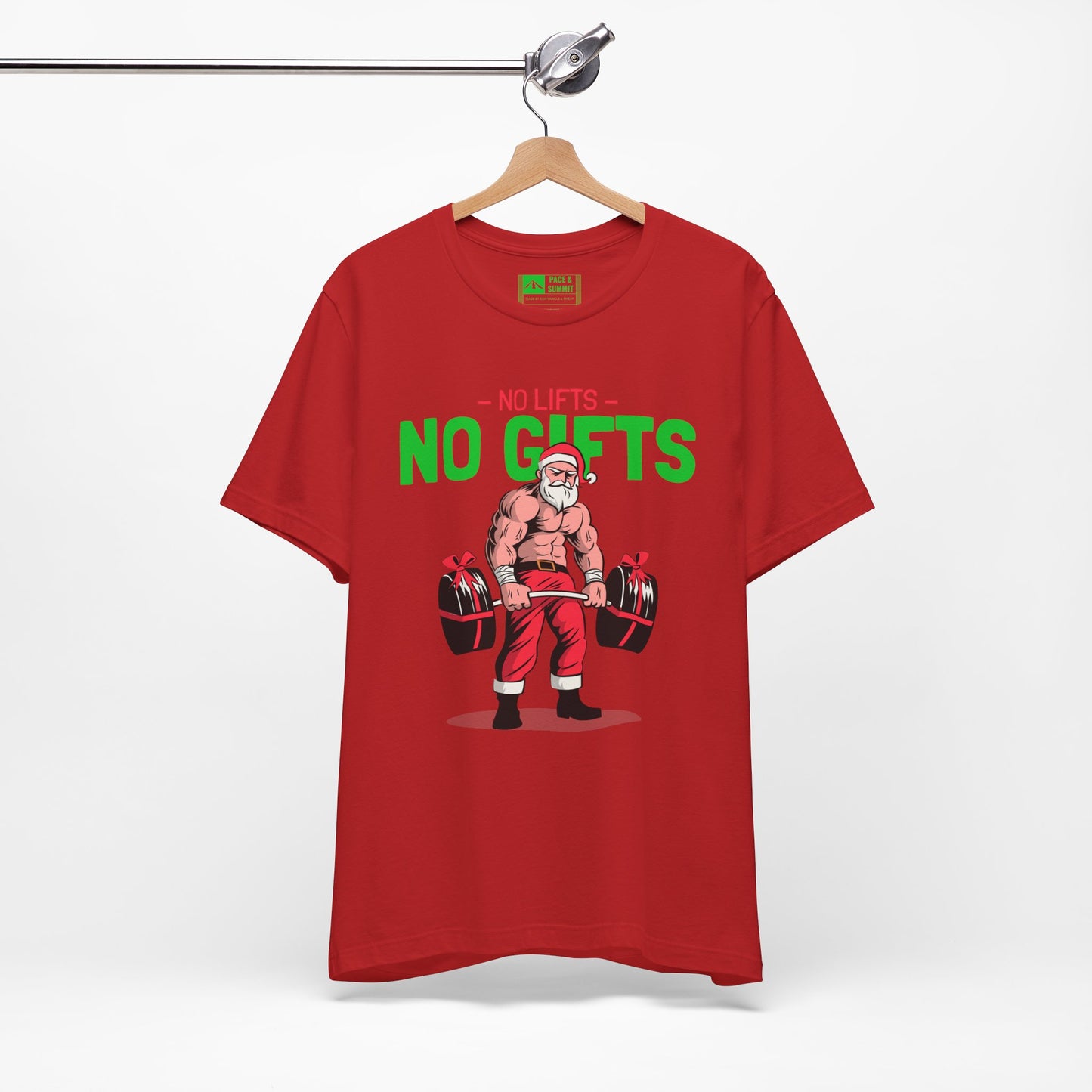 Red | 'No Lifts No Gifts' Funny Muscle Santa Christmas Gym Tee