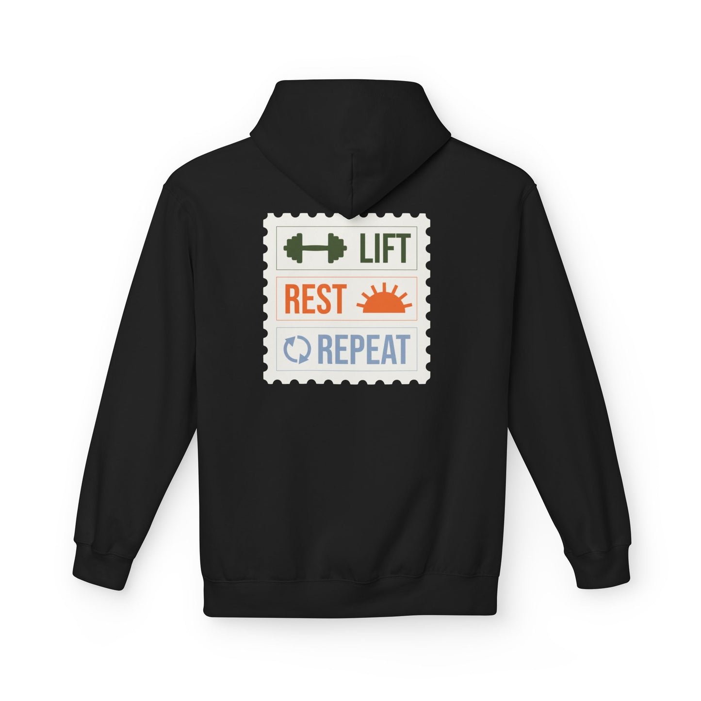 Black hoodie with 'Lift Rest Repeat' graphic on the back against a white background