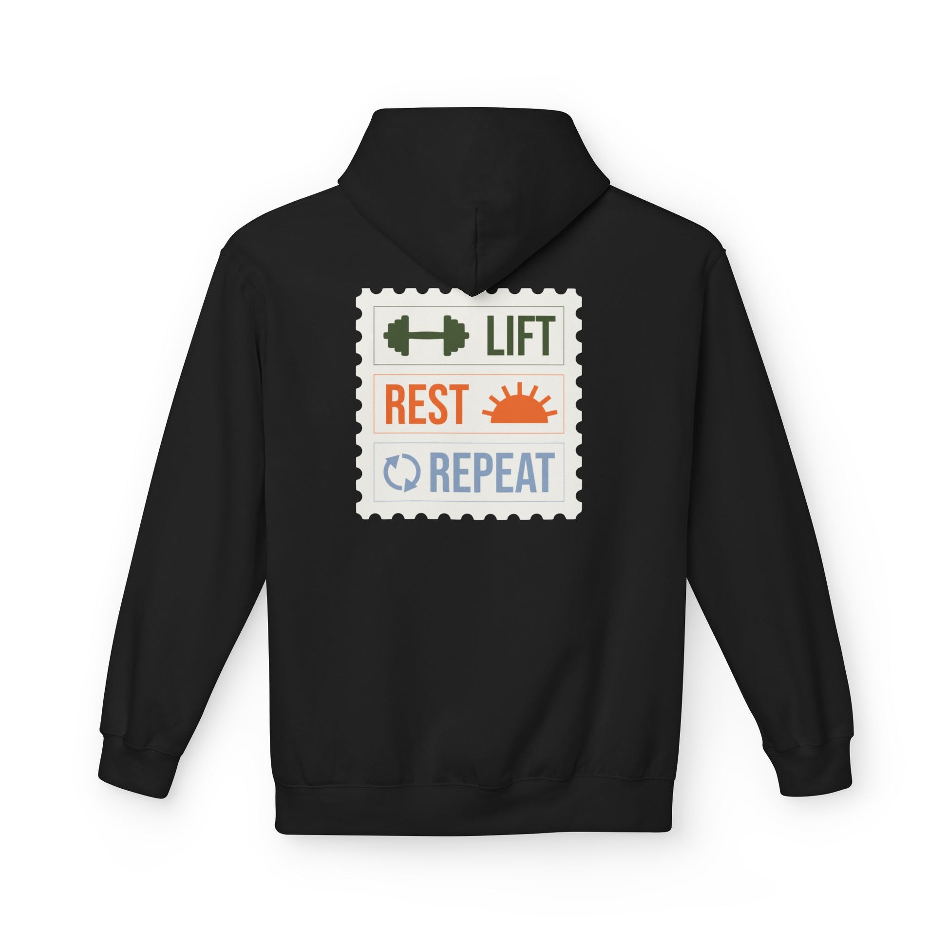 Black hoodie with 'Lift Rest Repeat' graphic on the back against a white background