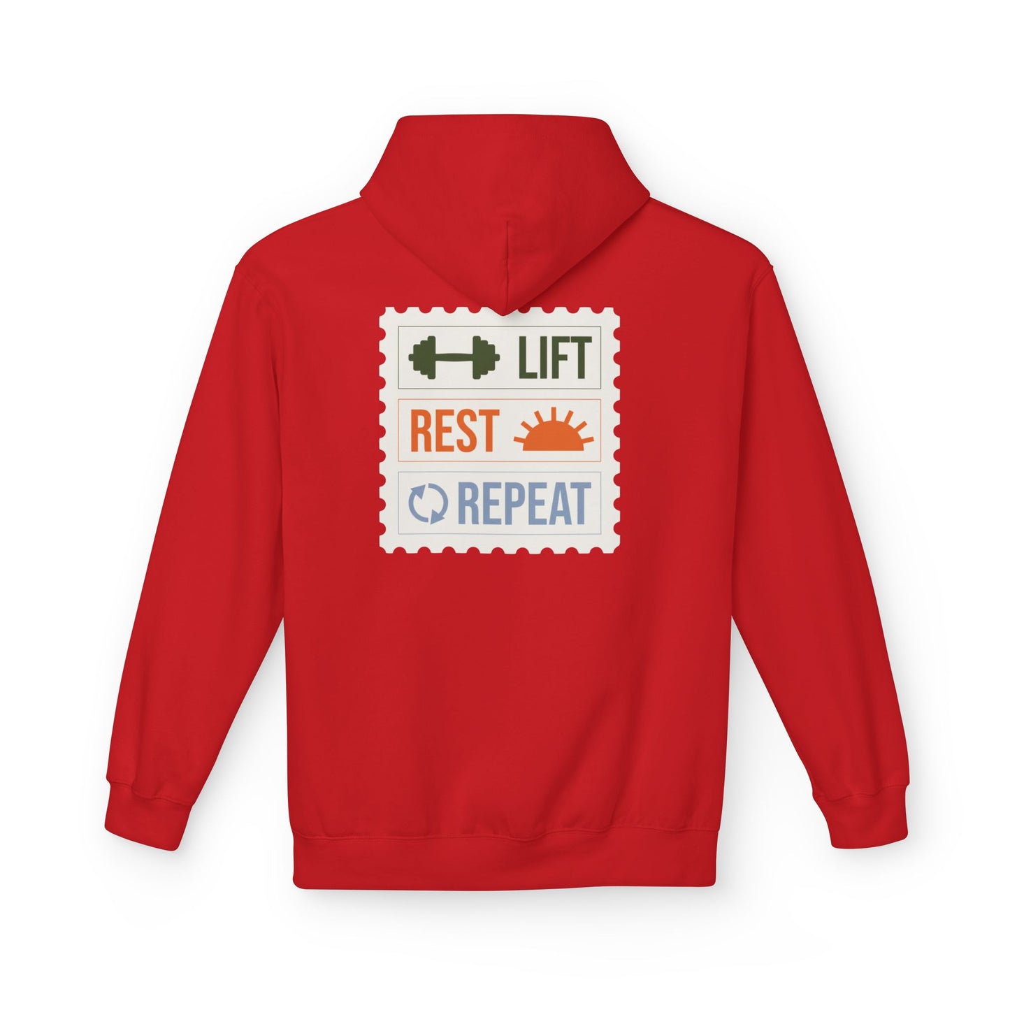 Red hoodie with a graphic design on the back on a white background