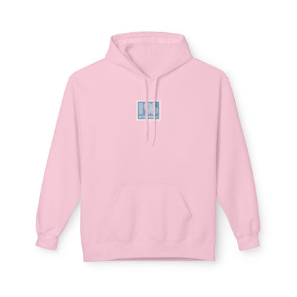 Light Pink hoodie with a small logo on the chest against a white background