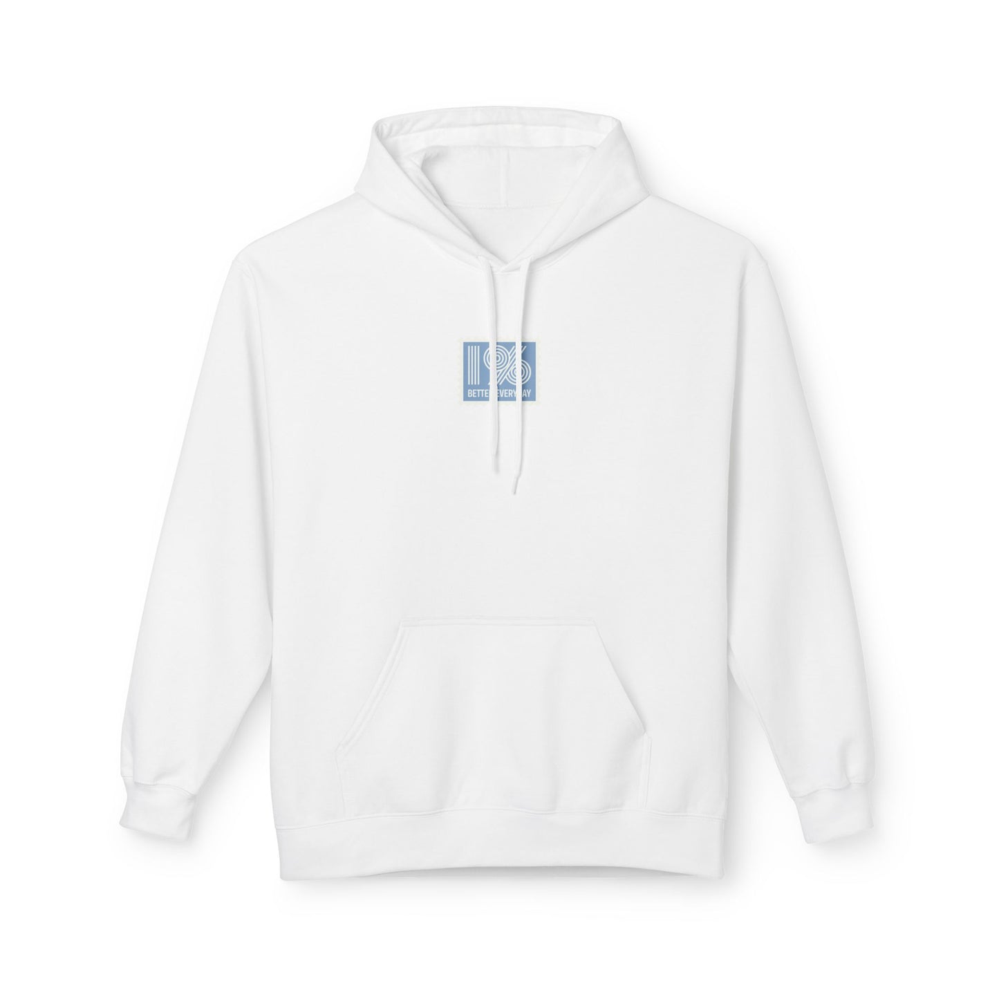 White hoodie with a small blue logo on a white background