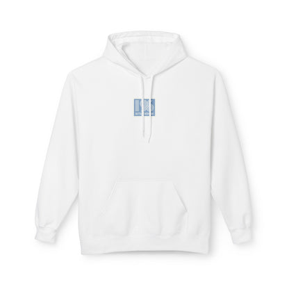 White hoodie with a small blue logo on a white background