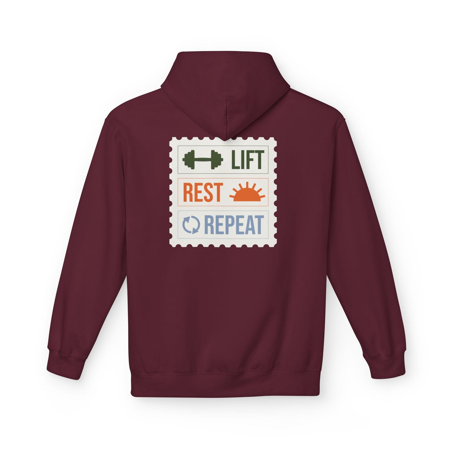 Maroon hoodie with 'Lift Rest Repeat' graphic on the back against a white background