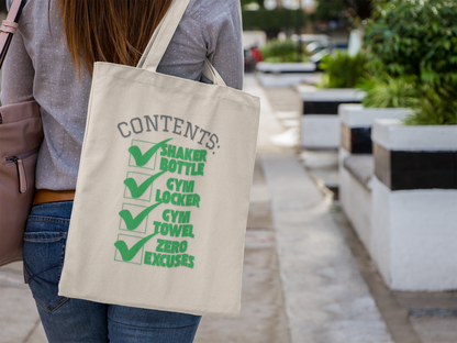 'Zero Excuses' Typography Fitness Canvas Tote Bag
