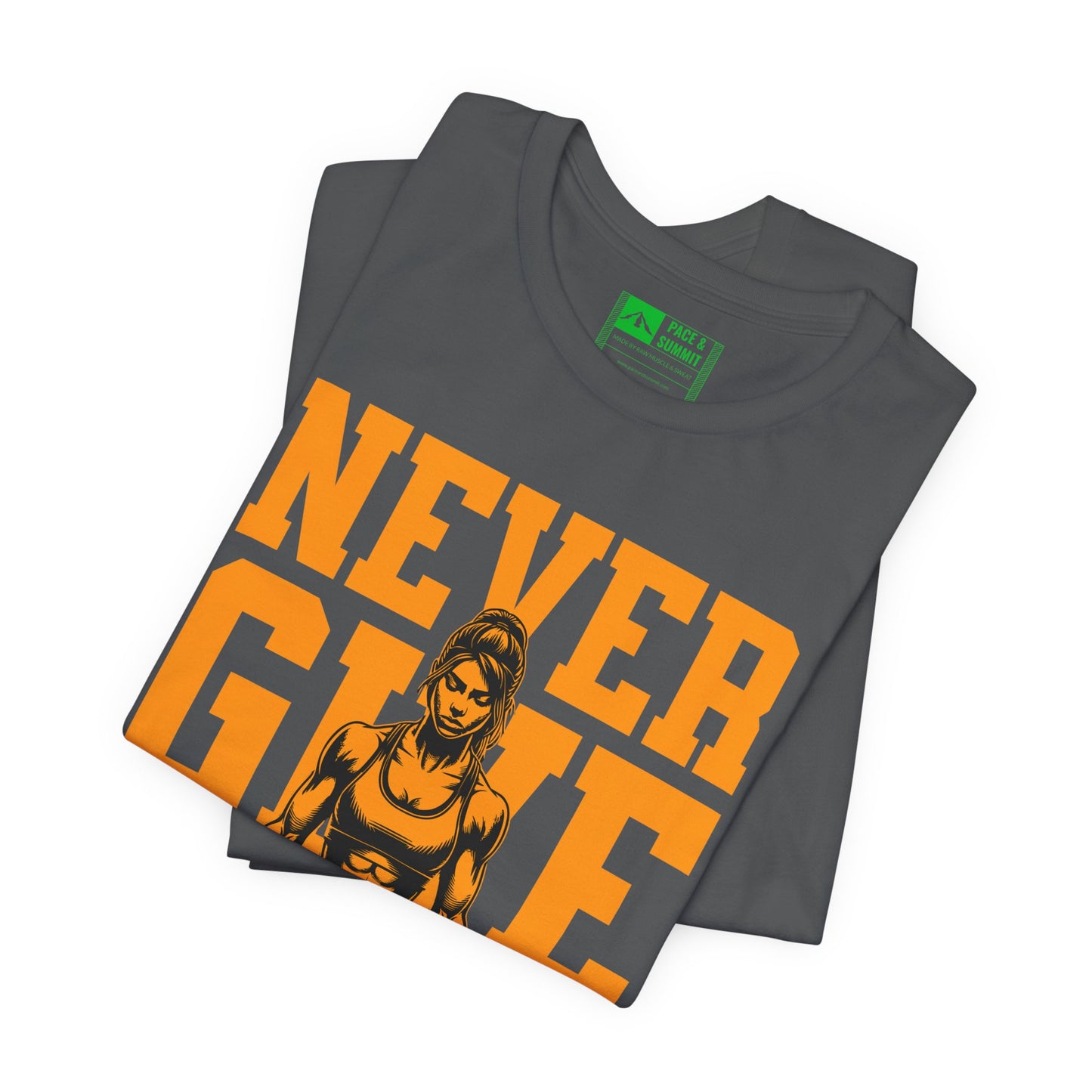 Gray | 'Never Give Up' Motivational Weightlifting Graphic Tee