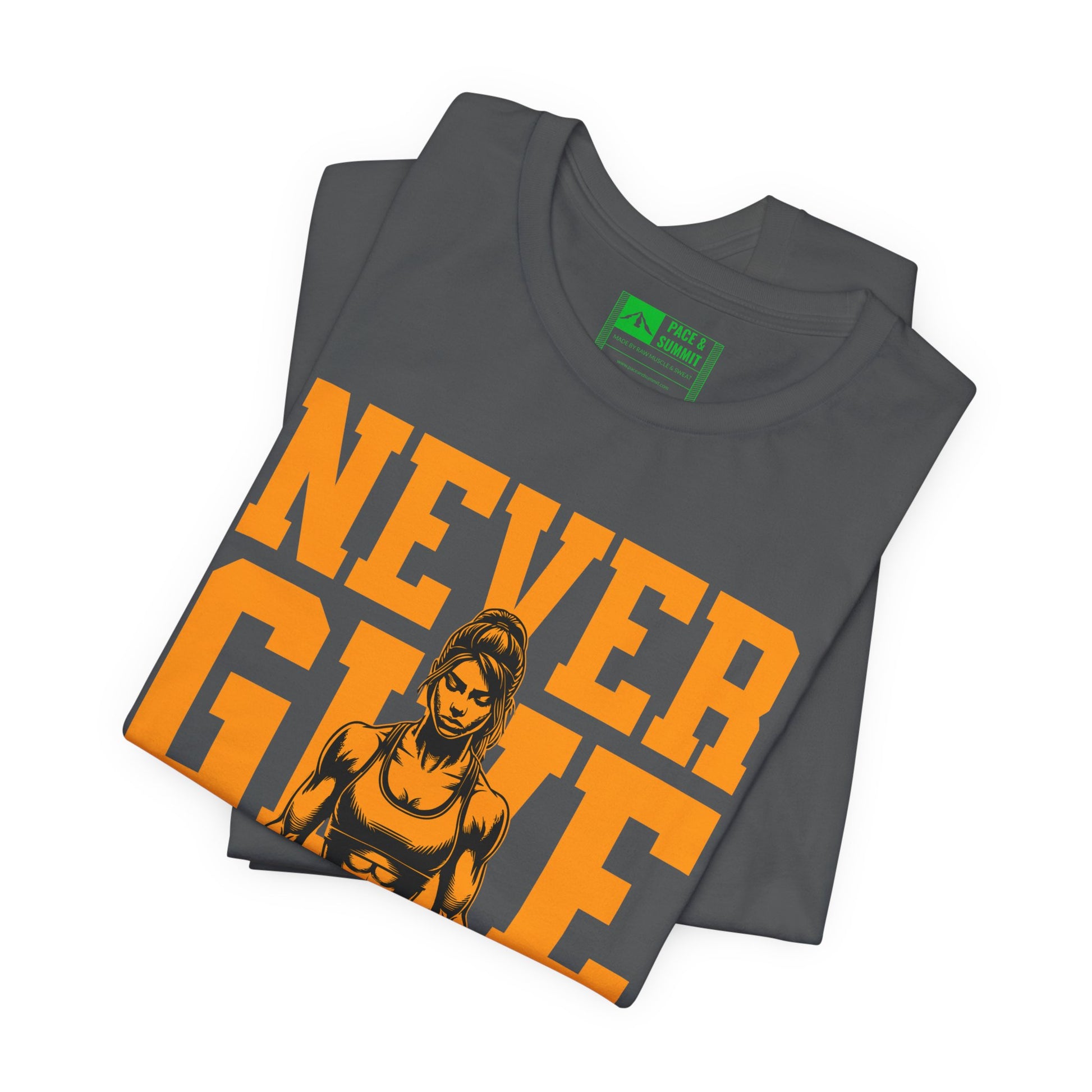 Gray | 'Never Give Up' Motivational Weightlifting Graphic Tee