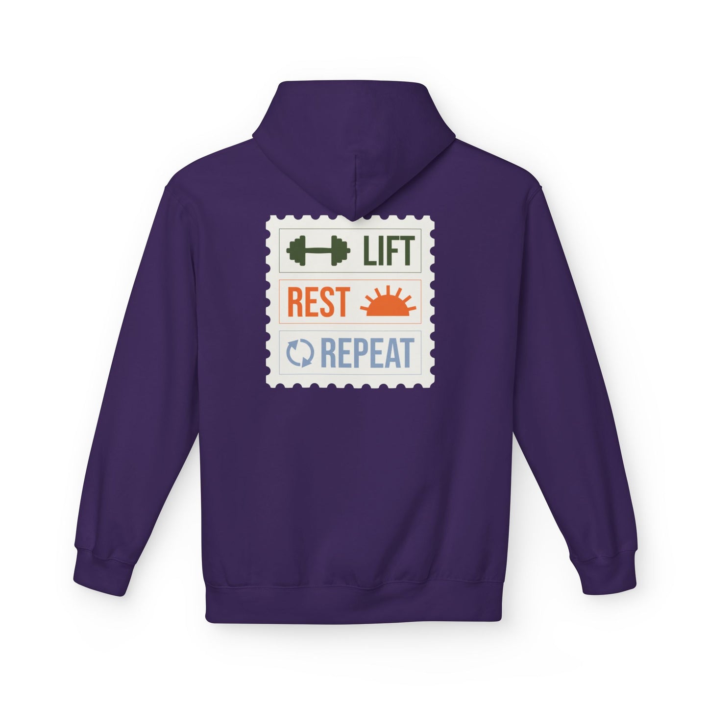 Purple hoodie with a graphic design on the back on a white background