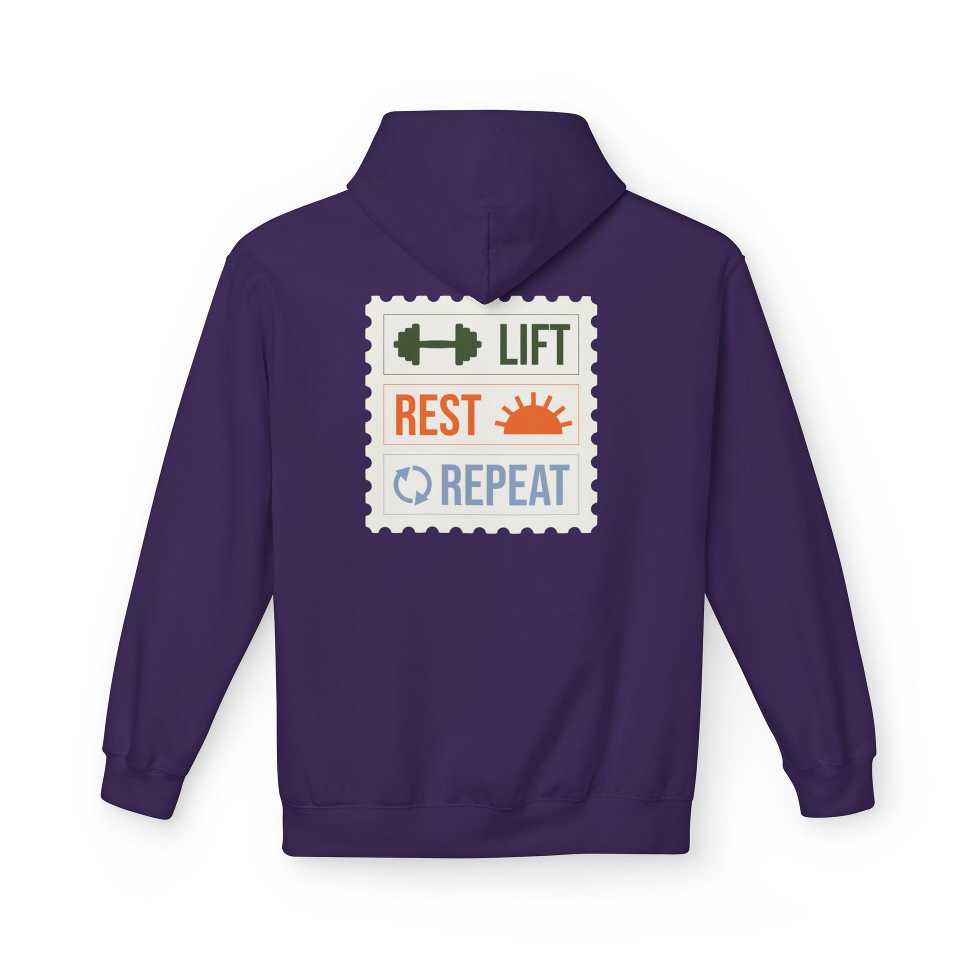 Purple hoodie with a graphic design on the back on a white background