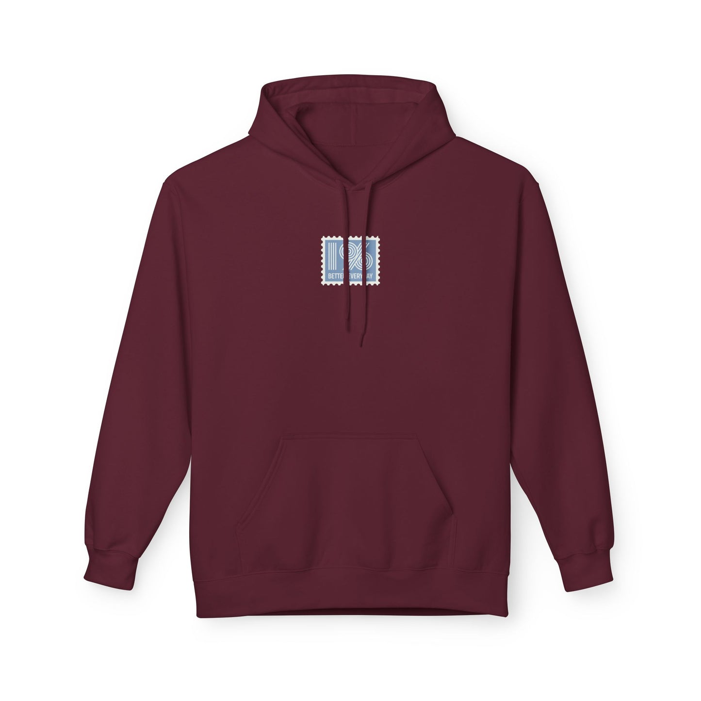 Maroon hoodie with a small logo on the chest against a white background