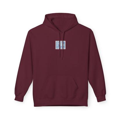 Maroon hoodie with a small logo on the chest against a white background