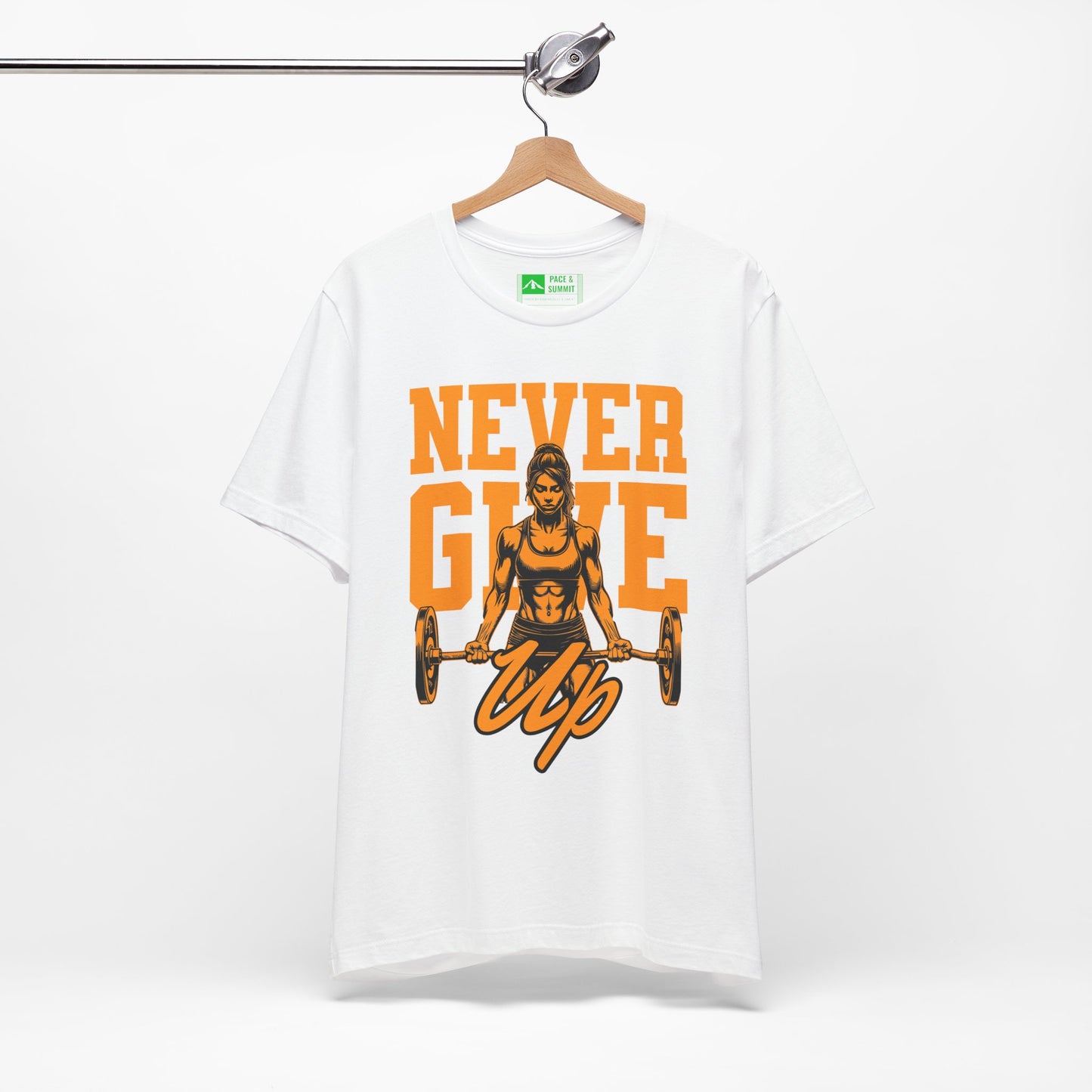 White | 'Never Give Up' Motivational Weightlifting Graphic Tee