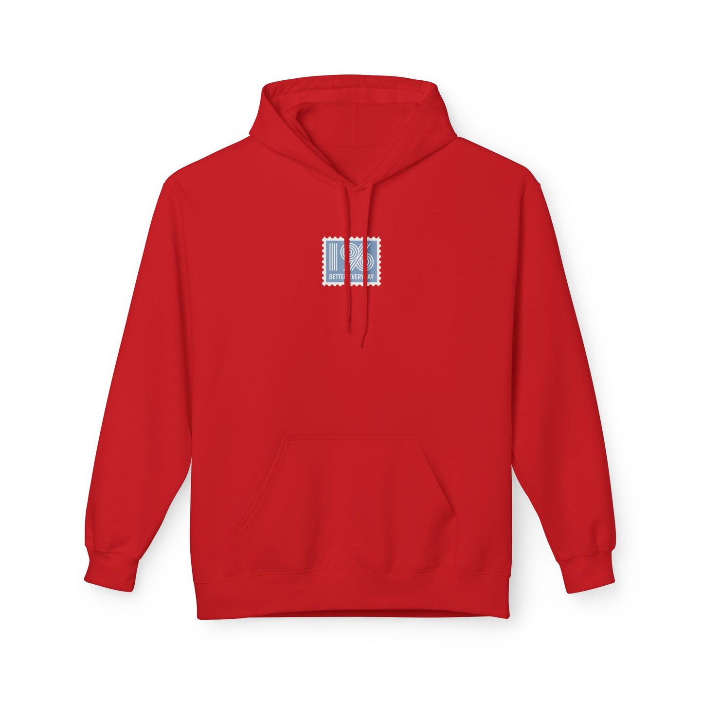 Red hoodie with a small logo on the chest against a white background