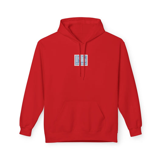 Red hoodie with a small logo on the chest against a white background