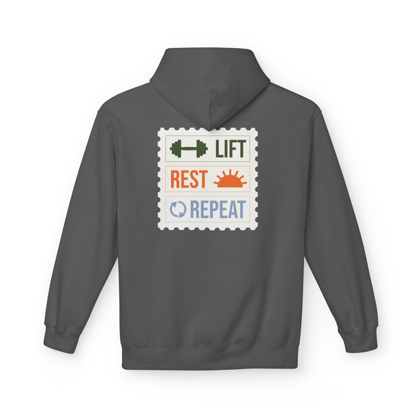 Charcoal hoodie with a graphic design on the back on a white background