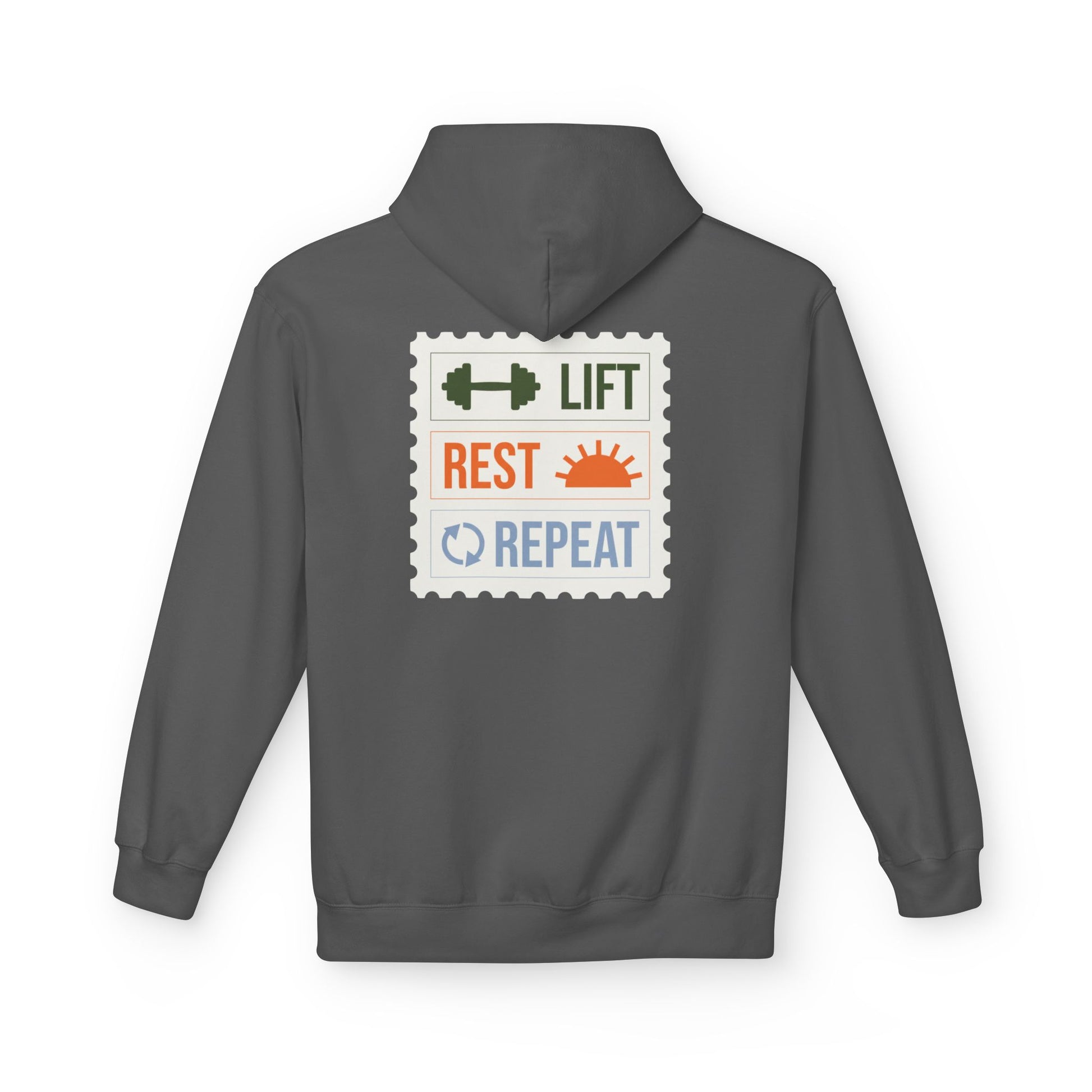 Charcoal hoodie with a graphic design on the back on a white background