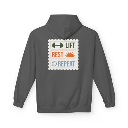 Charcoal hoodie with a graphic design on the back on a white background