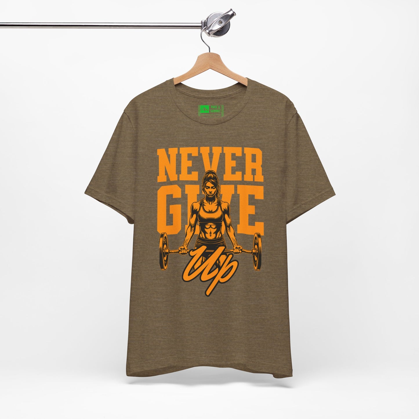 Military Green | 'Never Give Up' Motivational Weightlifting Graphic Tee