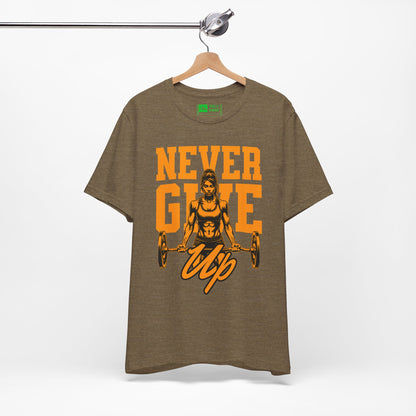 Military Green | 'Never Give Up' Motivational Weightlifting Graphic Tee