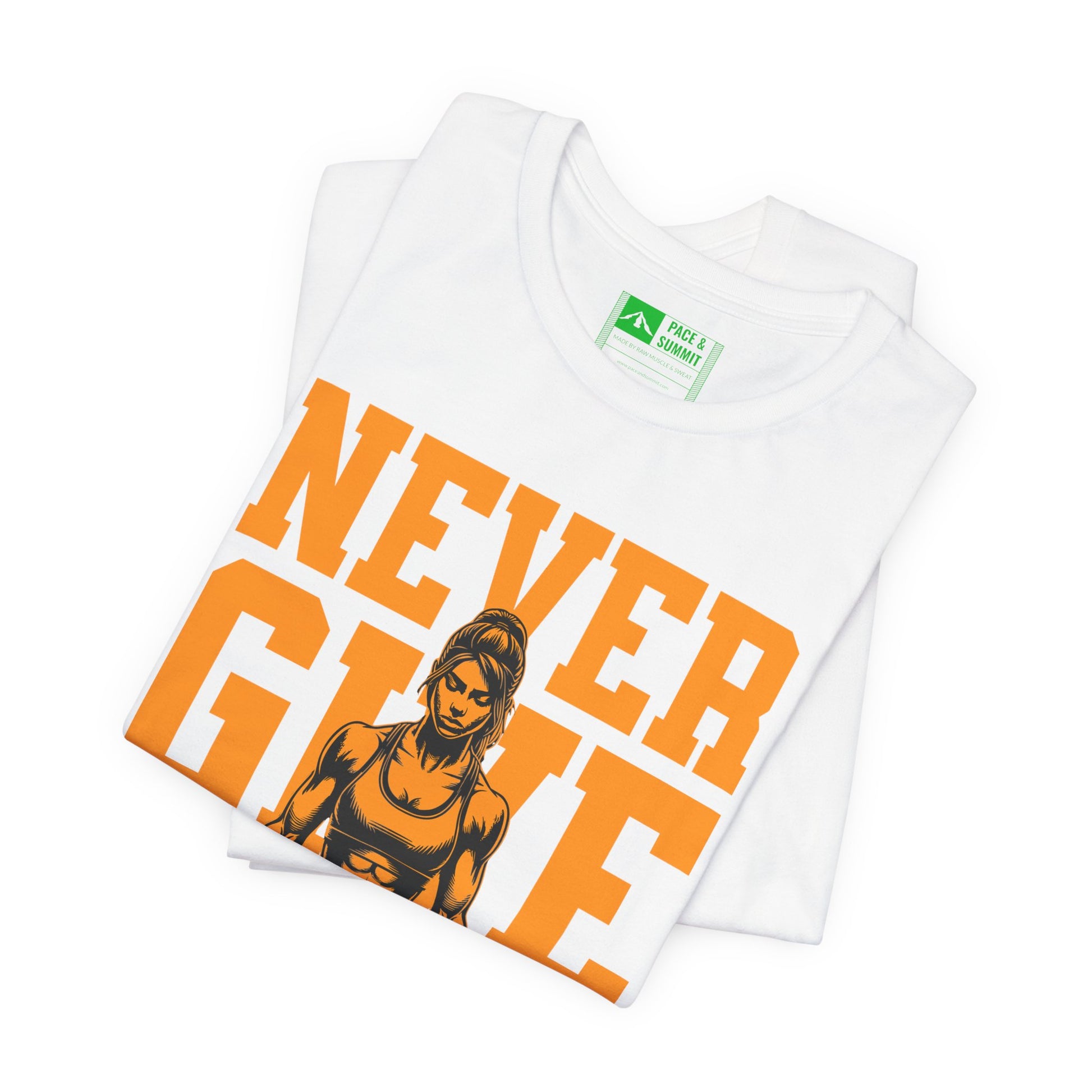 White | 'Never Give Up' Motivational Weightlifting Graphic Tee