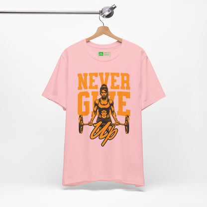 Pink | 'Never Give Up' Motivational Weightlifting Graphic Tee
