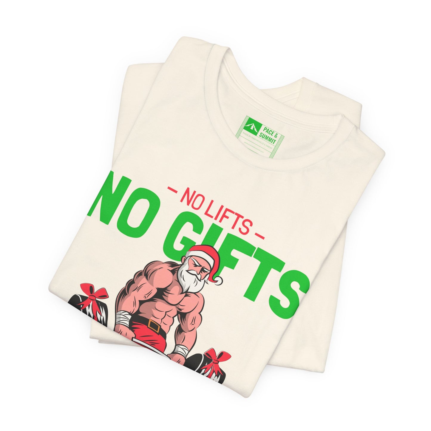 Natural | 'No Lifts No Gifts' Funny Muscle Santa Christmas Gym Tee