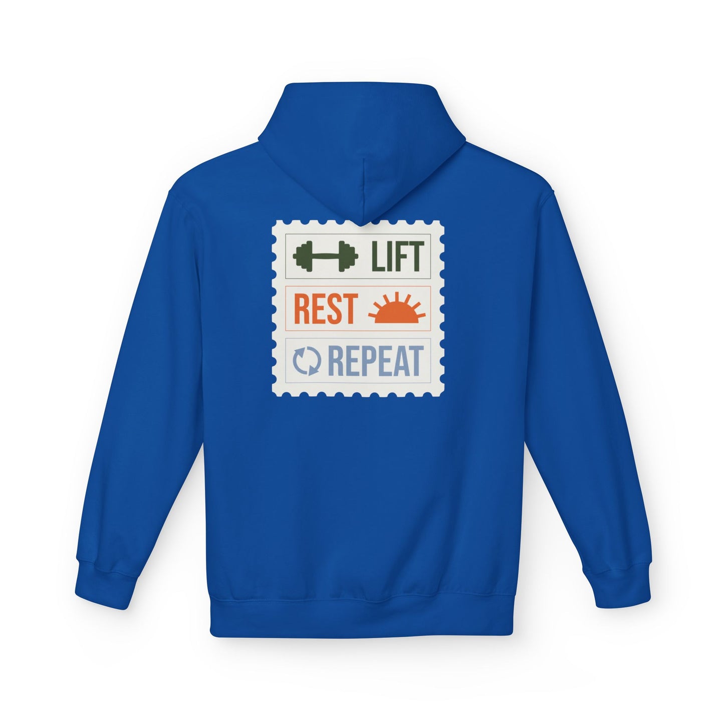 Royal hoodie with 'Lift Rest Repeat' graphic on the back against a white background