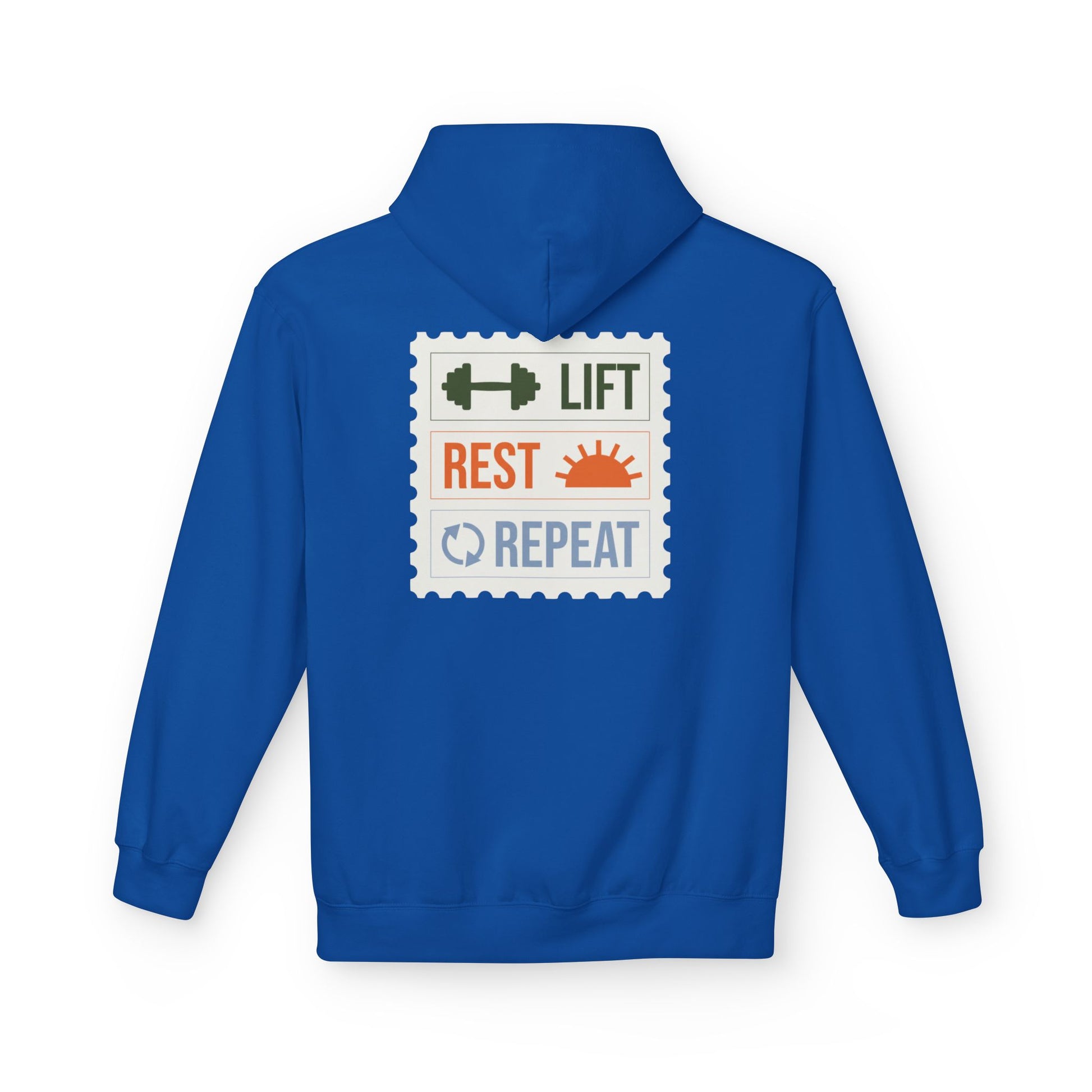 Royal hoodie with 'Lift Rest Repeat' graphic on the back against a white background