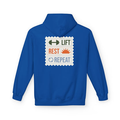 Royal hoodie with 'Lift Rest Repeat' graphic on the back against a white background