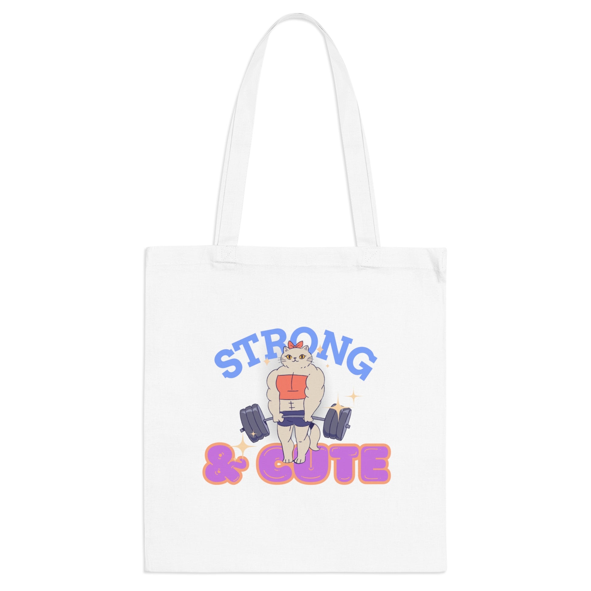 White | 'Strong & Cute' Muscle Cat Gym Canvas Tote Bag