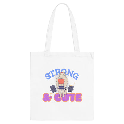 White | 'Strong & Cute' Muscle Cat Gym Canvas Tote Bag