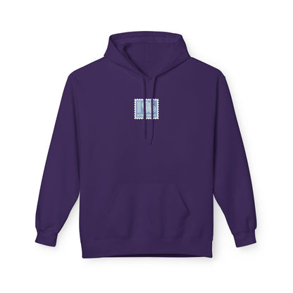 Purple hoodie with a small logo on the chest against a white background