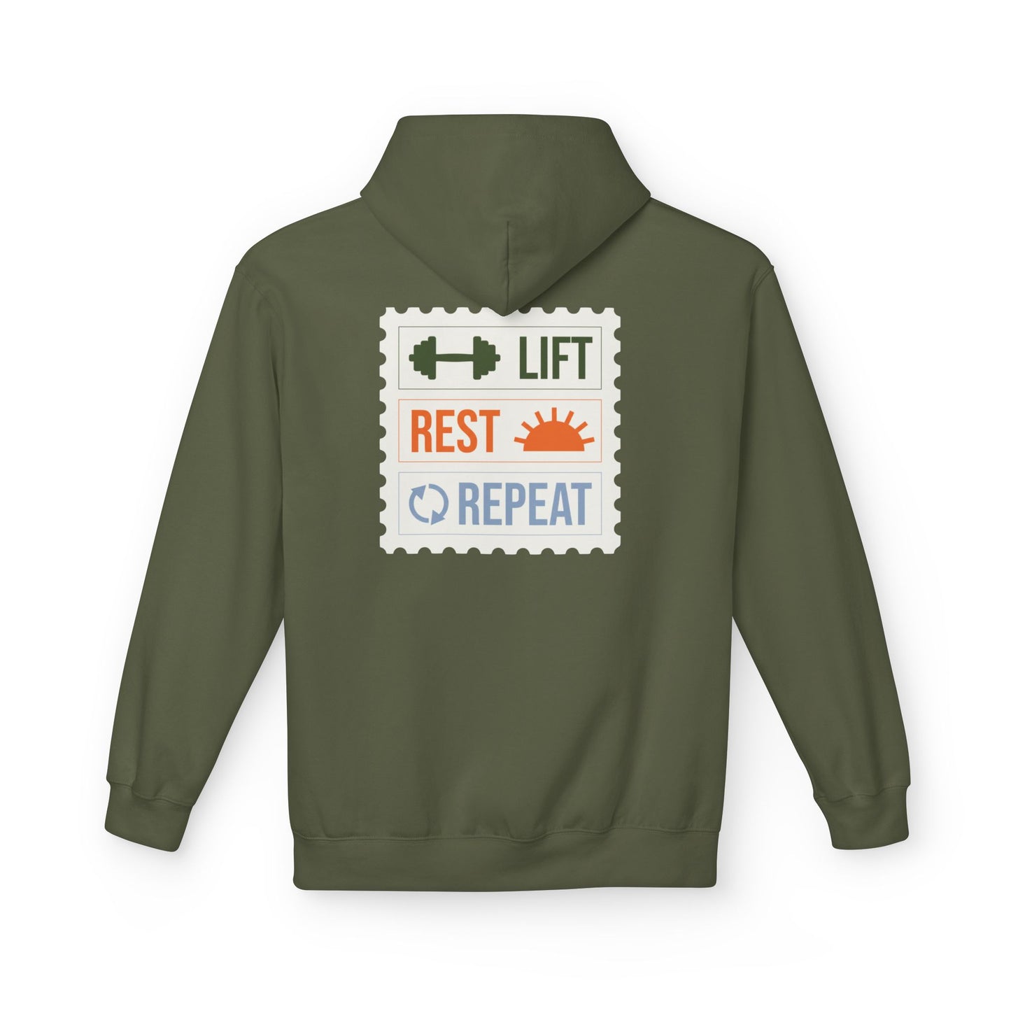 Military Green hoodie with 'LIFT REST REPEAT' graphic on the back against a white background