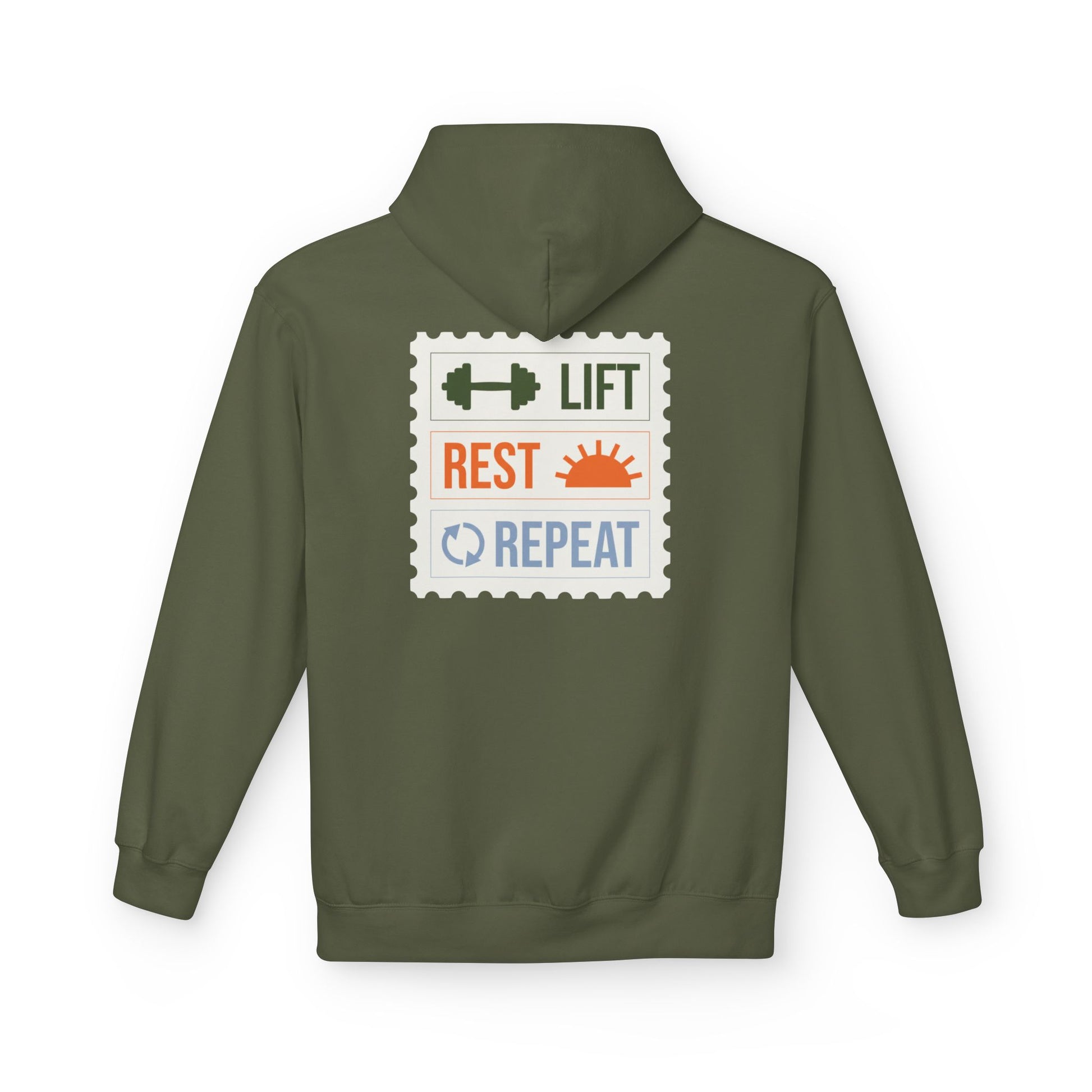 Military Green hoodie with 'LIFT REST REPEAT' graphic on the back against a white background