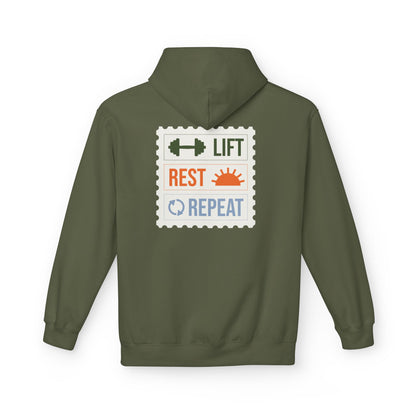 Military Green hoodie with 'LIFT REST REPEAT' graphic on the back against a white background