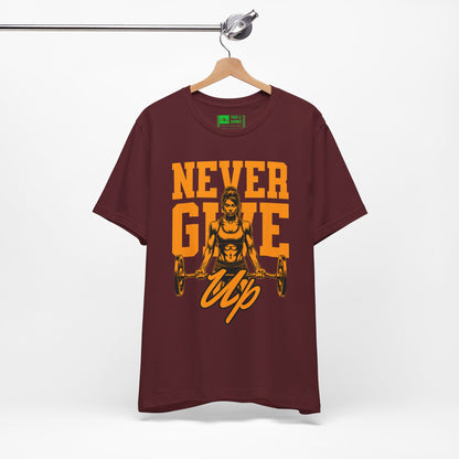 Maroon | 'Never Give Up' Motivational Weightlifting Graphic Tee